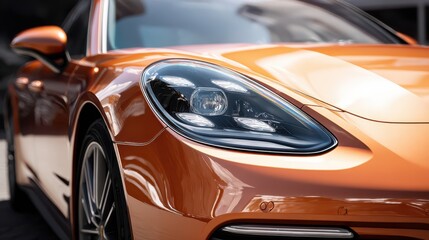 Stunning orange sports car parked under bright sunlight in a modern urban setting