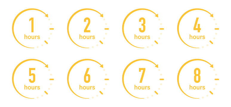 Set of hours icons with circle arrows. Clock hands 1, 2, 3, 4, 5, 6, 7, 8 hours. Stopwatch symbols. Delivery time icon set. Service time, isolated on white. Vector illustration