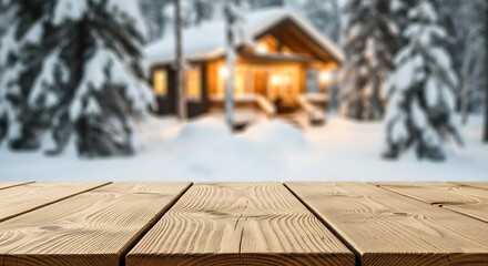 Empty wooden table with blurred winter cabin and snowy forest background