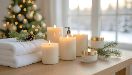 Elegant beauty scene combining Christmas decor and relaxation elements, great for spa advertising and social media visuals.