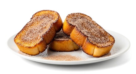 Rabanadas (French toasts) with cinnamon and sugar, crispy golden surface, soft inner texture, isolated on white background.