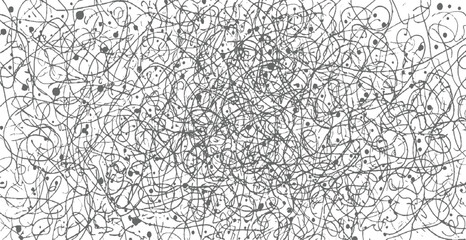dense abstract pattern of overlapping gray lines and scattered dots on white background.