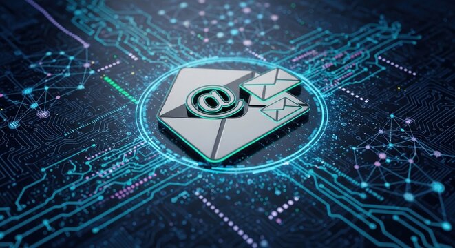A digital envelope icon on a blue circuit board background.