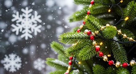 Christmas tree with lights and ornaments in a snowy winter background