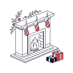 Fototapeta premium Cozy christmas fireplace with stockings and gifts isometric illustration