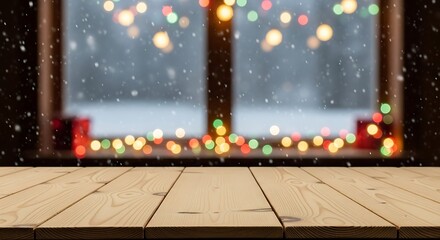 Wooden table with blurred window and christmas lights for holiday background