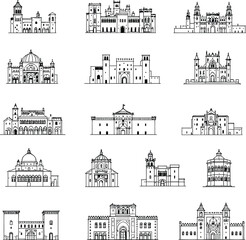 Fototapeta premium Black and white vector icons of historical architecture including domes towers arches and facades in global cultural styles