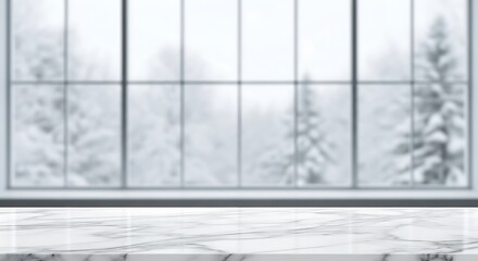 Marble table with blurred window and winter forest for christmas background
