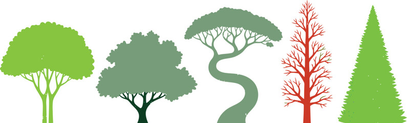 Five stylized trees of different shapes and colors in a row format