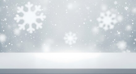White table with snowflake and snow background for product display mockup
