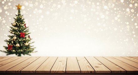 Wooden table with decorated christmas tree and snow background for display