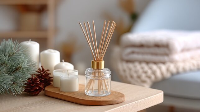 Harmonious home decor with aromatic diffuser and candles in a cozy living space