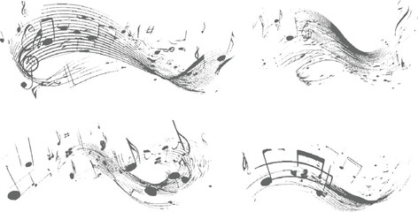 Abstract gray musical notes and staves flow dynamically across white background in wavy artistic design. © appl