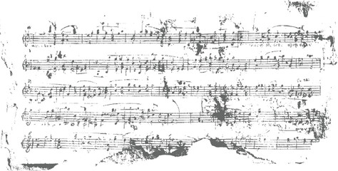 A black and white image of a torn antique musical score with handwritten notes and symbols on a white background.  © appl