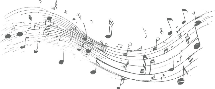 Gray musical notes and staff lines are depicted in decorative, abstract style.