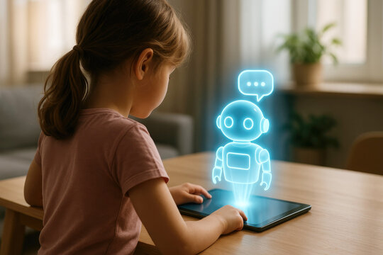 Child engaging with a holographic AI robot projected from a tablet artificial intelligence