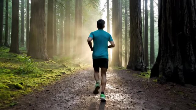 A runner, viewed from behind, sprints along a forest trail enveloped in morning mist