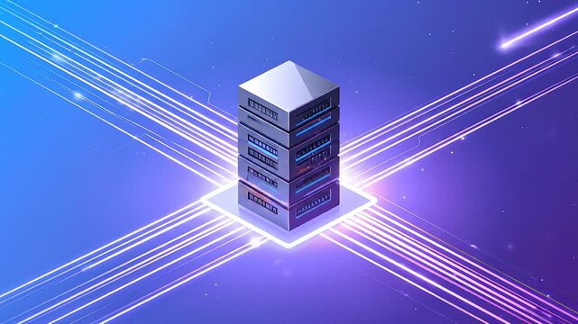 A vibrant digital depiction showcases a server tower with data streams emitting light, surrounded by a blue and purple gradient