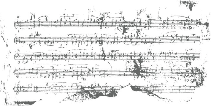 A black and white image of a torn antique musical score with handwritten notes and symbols on a white background.	