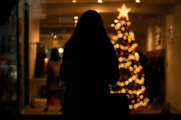 A person's silhouette against a bright, out-of-focus shop window display with Christmas tree