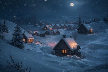 A fairytale winter village in the moonlight
