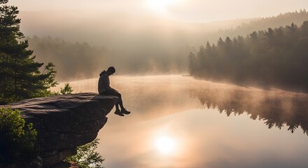 Silhouette of a person sitting on a cliff edge overlooking a misty lake at sunrise, with sun flare and forest reflection