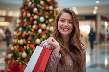 Smiling young woman with shopping bags in a shopping mall decorated for Christmas