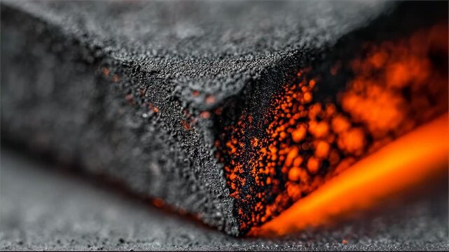 Macro View of a Smoldering Charcoal Briquette Glowing Red Hot.