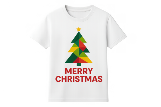 White t-shirt on transparent background displaying geometric christmas tree and merry christmas text, celebrating holiday season