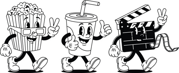Cartoon movie characters popcorn drink and clapper board walking together