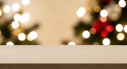 Empty table top with blurred christmas tree and lights in the background