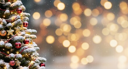 Closeup of a decorated christmas tree with bokeh lights in the background