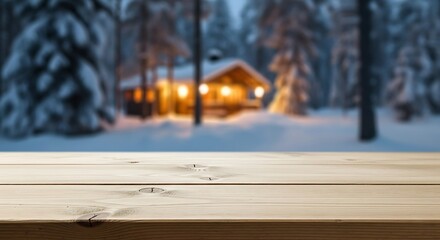 Wooden table with blurred winter cabin in the background at night