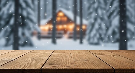 Wooden table with blurred winter cabin in the background and snowfall