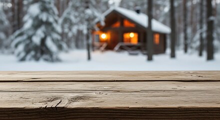 Wooden table with blurred winter cabin background and snow covered trees