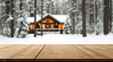 Wooden table with blurred winter cabin background and snow covered trees