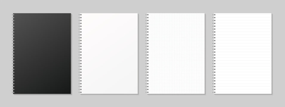 Realistic notebook cover mockup and paper pages with lines and grid. Diary white and black. Blank notebook mockups. Clean pages with ring binders. Vector illustration