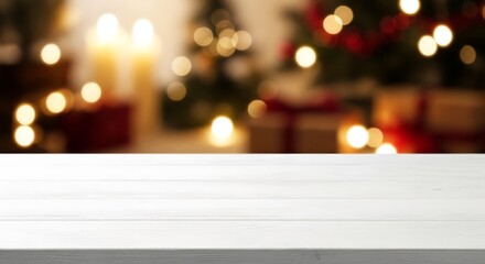 White wooden table with blurred christmas tree and gift background in room