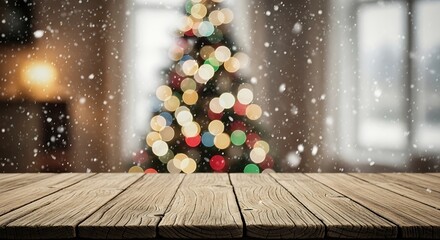 Wooden table top with blurred christmas tree and snow background in room