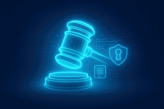 Digital Gavel and Security Shield with Keyhole Icon on Circuit Board Background justice legal