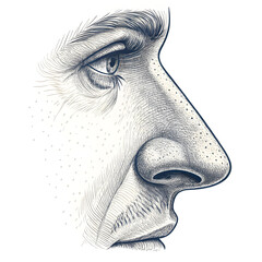 Detailed illustration of human nose isolated on white background, showing external and internal anatomy