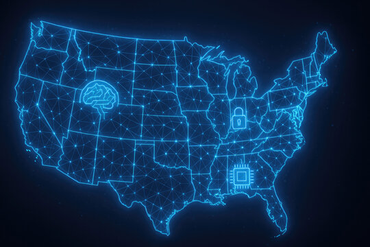 Digital Map of the USA with Network Connections, Brain, Lock, and AI Chip Icons America circuit - Powered by Adobe