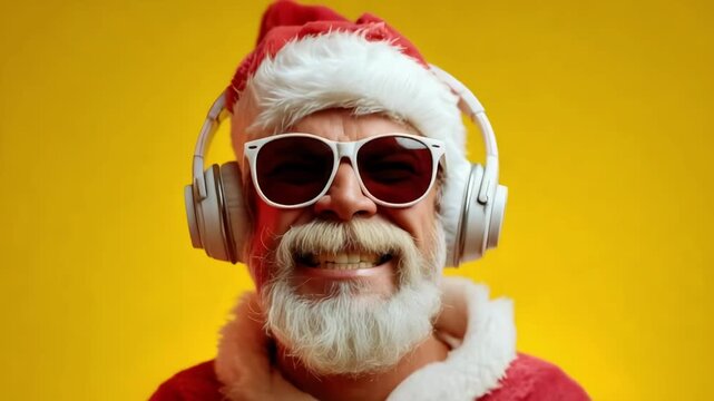 Santa Claus in a red suit with a white beard, wearing oversized sunglasses and headphones, singing against a bright yellow background.