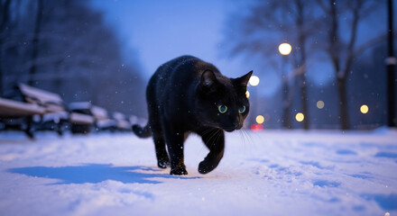 A black cat walking in the snow. Perfect for winter holiday greetings, dark fantasy novels, Halloween cards, or pet insurance promotion. Tranquil winter scene.  
