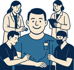 Creative Medical Vector Illustration Showing Doctor Using Stethoscope and Large Syringe — 3-Color Minimal Style
