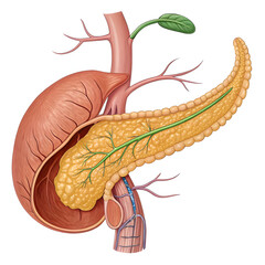 Detailed illustration of human pancreas isolated on white background, showing anatomy and structure for medical