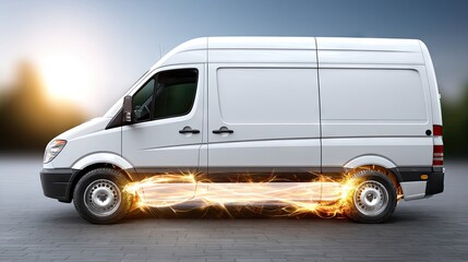 Electric delivery van with glowing undercarriage drives on city street at sunset showcasing modern transport technology