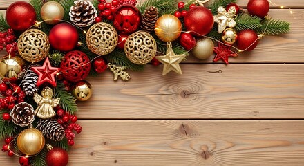 Christmas ornaments and fir tree branches on a rustic wooden background