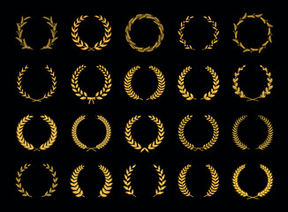 Set of different golden silhouette laurel foliate, wheat and olive wreaths depicting an award, achievement, heraldry, nobility, emblem, logo. Vector illustration.