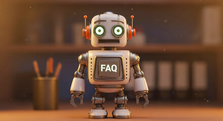 Cute robot with F A Q screen on chest frequently asked questions